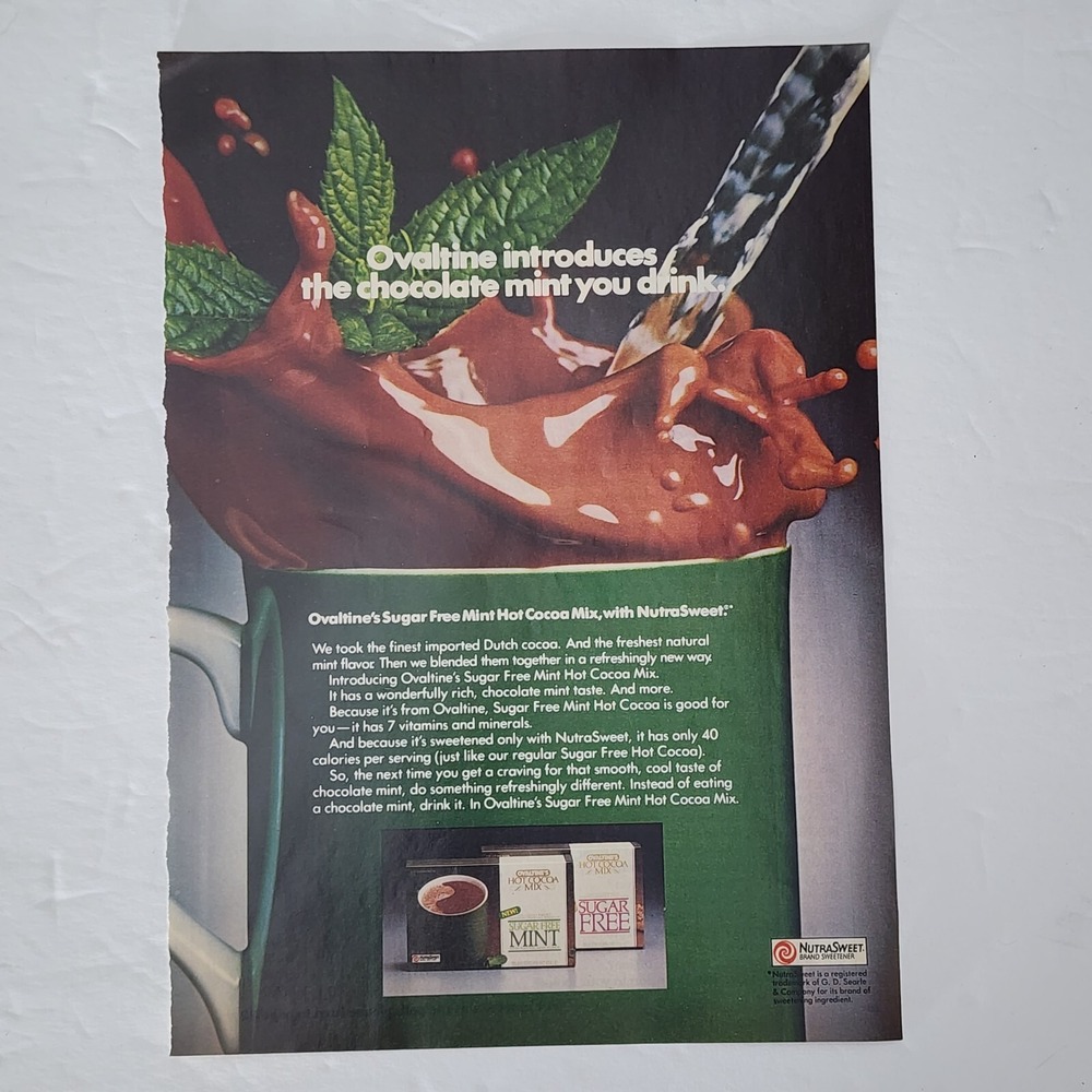 Vintage 1985 Ovaltine Sugar Free Mint Hot Cocoa Mix Print Ad Clipping 8x11
